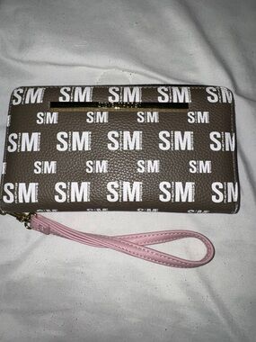SM Monogram Brown Zip Wristlet with Pink Strap